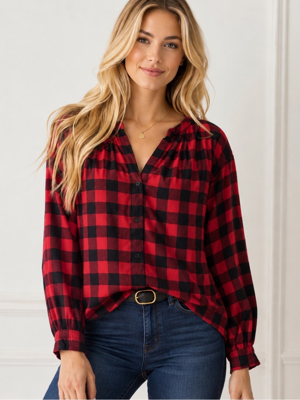 J Crew Open V-neck shirt in buffalo check flannel Black and Red Size M